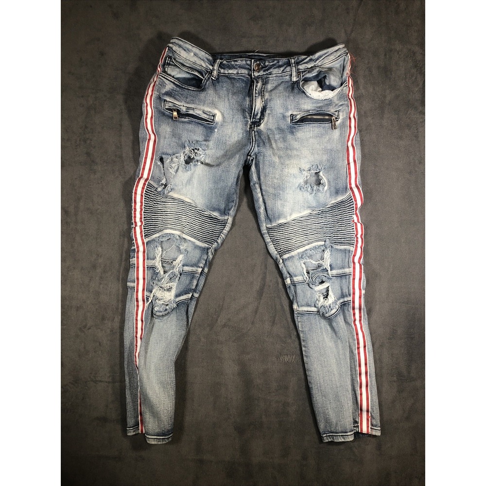 Rue21 Premium Blue Biker Denim Moto Jeans Skinny  Supreme Flex Men's Size 34X30